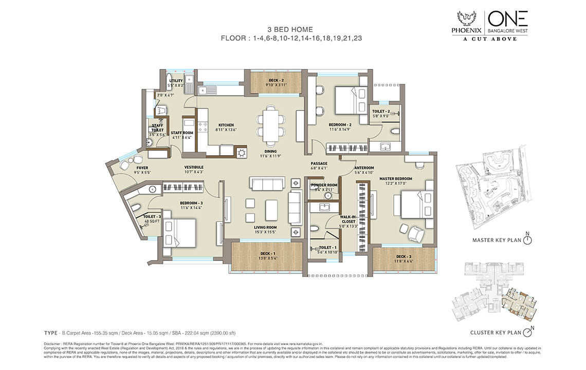 Floor Plan (3 BHK) of Luxury Residential Flats in Bangalore - Phoenix